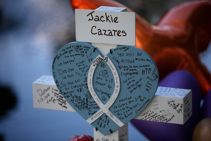 A cross dedicated to Jackie Cazares stands at a memorial site for victims killed in a shooting at Robb Elementary School in Uvalde, Texas, on May 27, 2022. 