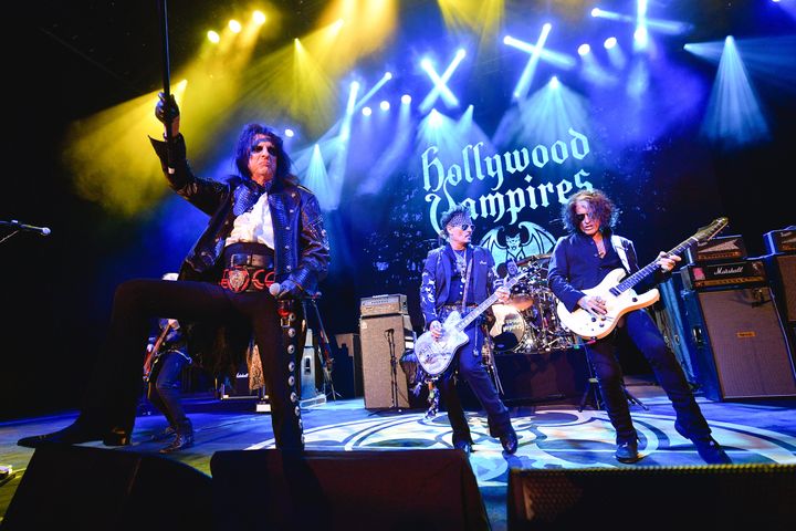 Alice Cooper, Depp and Joe Perry perform as The Hollywood Vampires in 2019.