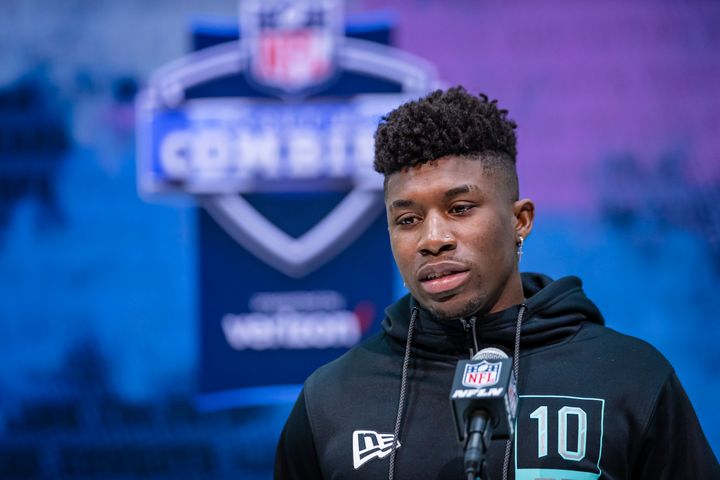 Jeff Gladney of the TCU Horned Frogs speaks to the media on day four of the NFL Combine at Lucas Oil Stadium on Feb. 28, 2020, in Indianapolis, Indiana.
