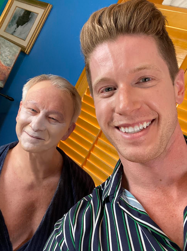 The author and Bobby mid-makeup transformation in Blake's childhood bedroom in Douglasville, Georgia.