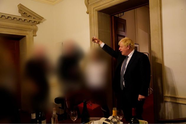 Boris Johnson at a gathering in 10 Downing Street for the departure of a special adviser, which has been released with the publication of Sue's Gray report into Downing Street parties in Whitehall during the coronavirus lockdown.