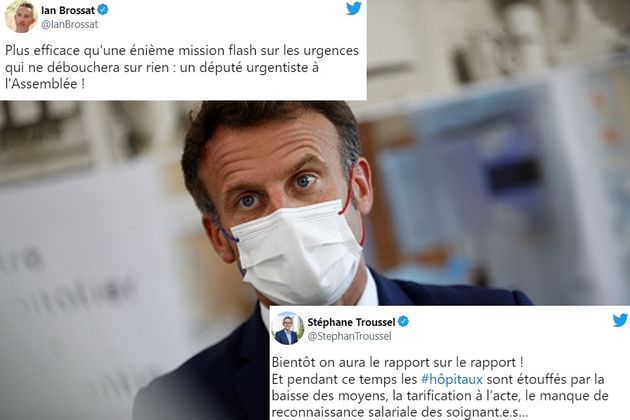 Le président Macron annonce une mission flash depuis l'hôpital Louis Pasteur du Cotentin, à Cherbourg,...