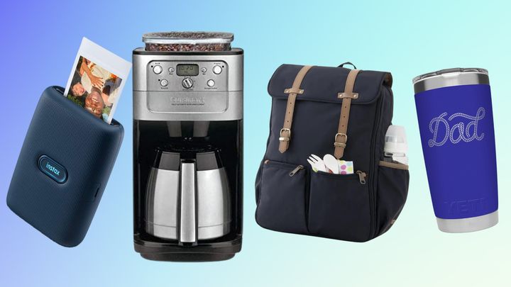 An instant photo printer and coffee maker from Amazon, diaper backpack from Oliday on Etsy and personalized tumbler from Yeti.