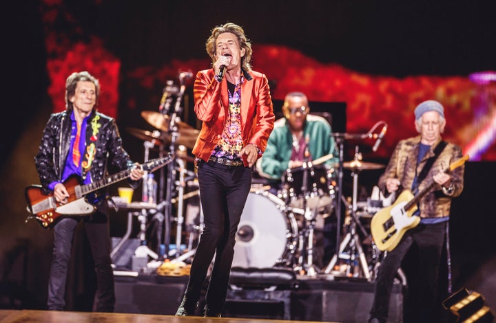 Ronnie Wood, left, Mick Jagger, Steve Jordan and Keith Richards of The Rolling Stones perform Wednesday at Wanda Metropolitano in Madrid, Spain.