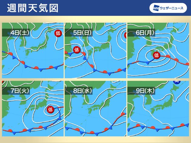 週間予想天気図 4日(土)～9日(木)