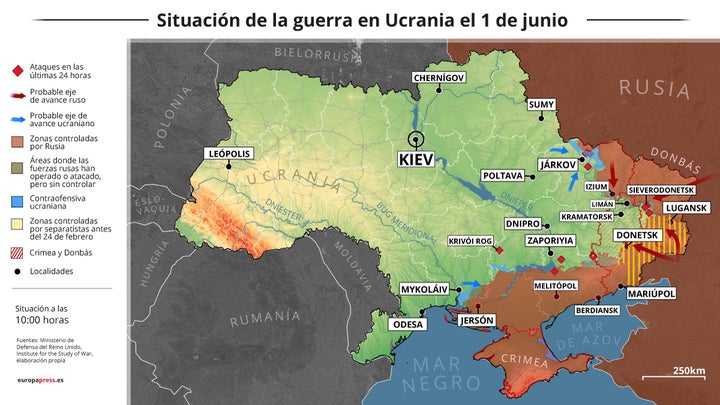 Mapa de situación de la guerra a 1 de junio de 2022.