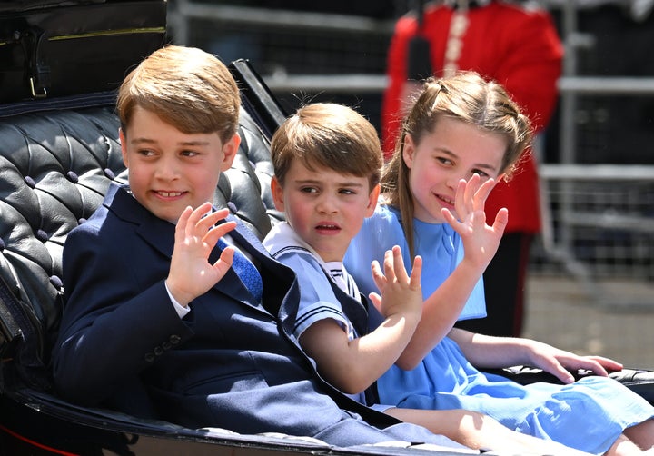 Prince George, Prince Louis and Princess Charlotte in the carriage procession at Trooping the Colour during Queen Elizabeth's Platinum Jubilee on June 2.