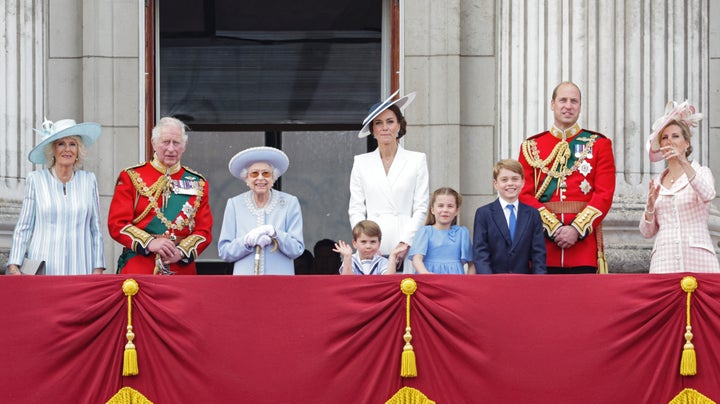 The royals take in the crowds and the fly-past. 