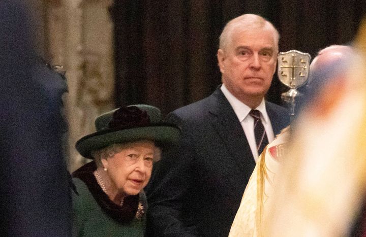Britain's Queen Elizabeth and her son Prince Andrew, Duke of York, attend a Service of Thanksgiving for Britain's Prince Philip on March 29, 2022.