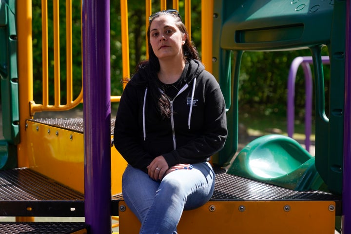 Erica Lafferty, whose mother Dawn Lafferty Hochsprung was killed during the Sandy Hook Elementary School shooting in 2012, poses for a picture on the playground honoring her mother in Watertown, Connecticut, Wednesday, May 25, 2022.