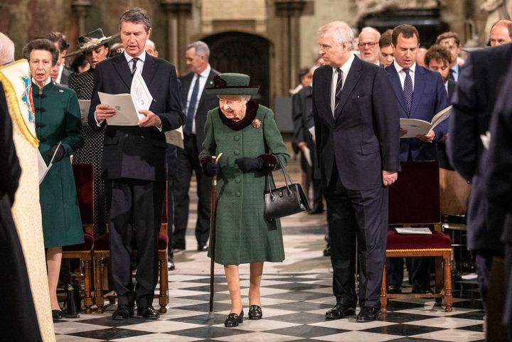 Queen Elizabeth II arrives in Westminster Abbey accompanied by Prince Andrew on March 29.