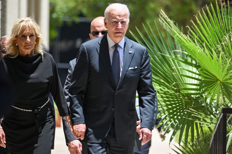 President Joe Biden and first lady Jill Biden leave Sacred Heart Catholic Church after attending mass in Uvalde, Texas, on May 29, 2022.