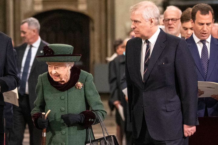 The Queen and Prince Andrew arrive for a service of thanksgiving for the life of Prince Philip at Westminster Abbey in March.