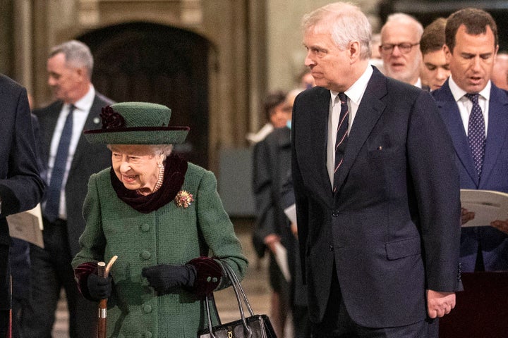 <strong>The Queen and Prince Andrew arrive for a service of thanksgiving for the life of Prince Philip at Westminster Abbey in March.</strong>