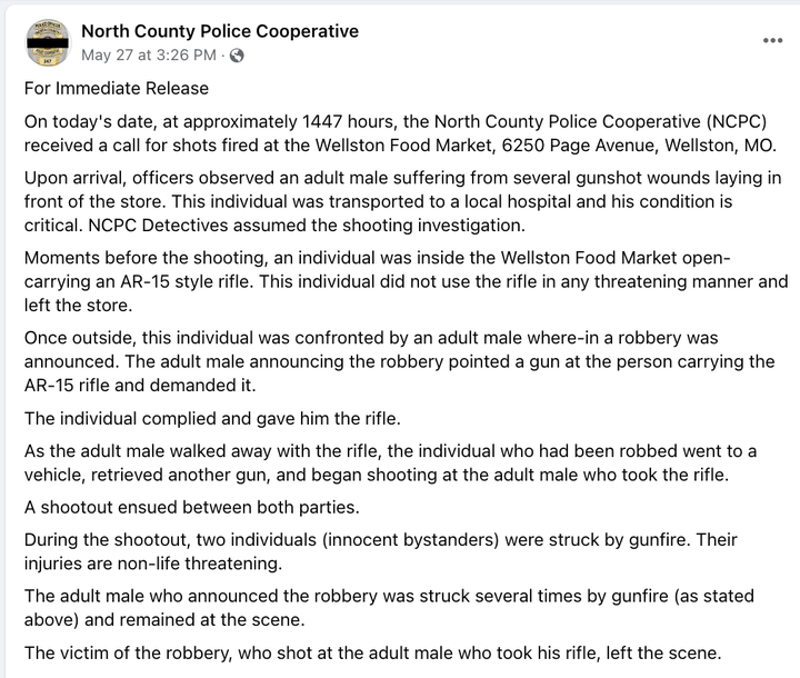 Police account of a multiple-firearm shooting outside food store.