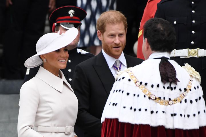 The Duke and Duchess of Sussex arrive in London at the National Service of Thanksgiving at St. Paul's Cathedral on June 3.