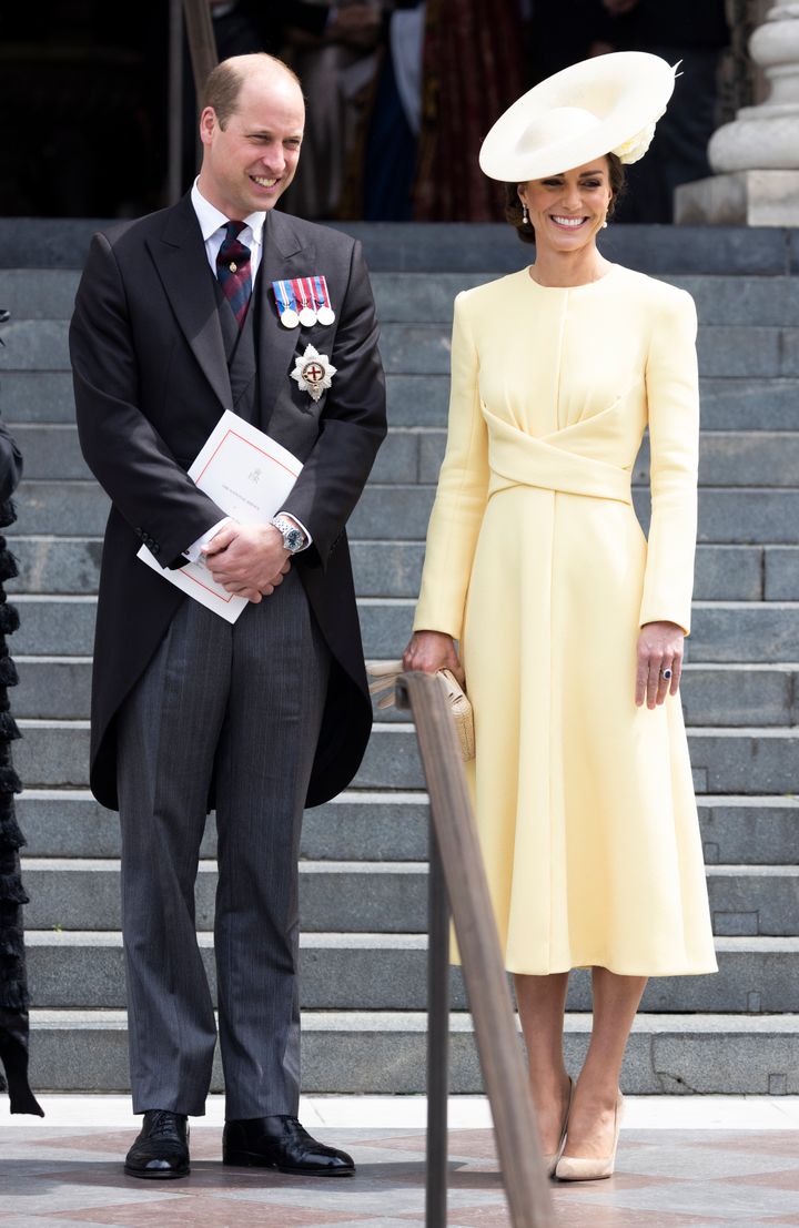 The Duke and Duchess of Cambridge leaving the National Service of Thanksgiving to celebrate the Platinum Jubilee at St. Paul's Cathedral on June 3, 2022 in London.