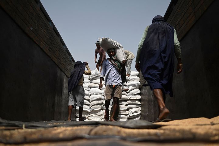 Varios trabajadores transportan sacos de trigo en Khanna (India) en mayo de 2022.