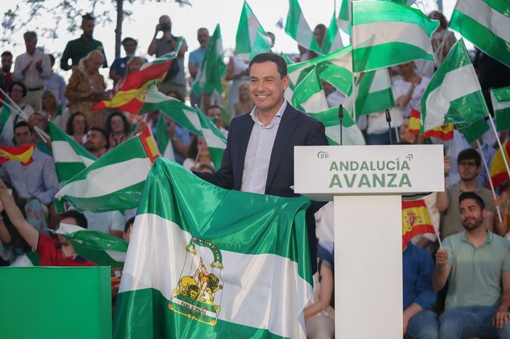 El presidente del PP andaluz y candidato a la presidencia de la Junta de Andalucía, Juanma Moreno, en un acto electoral en Málaga.