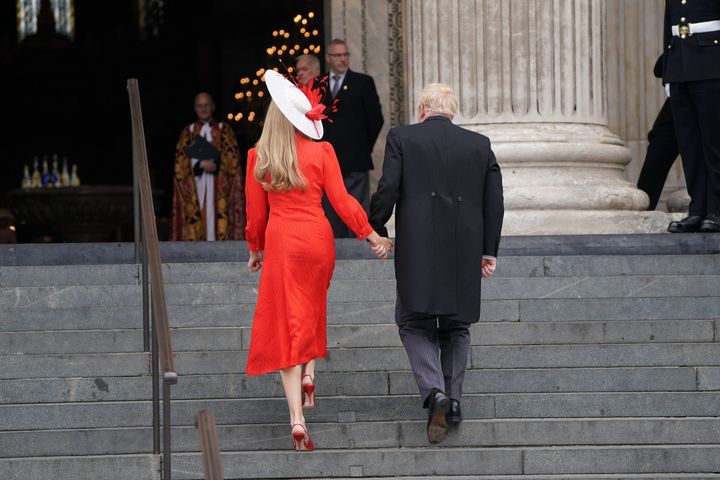 Boris Johnson and his wife Carrie Johnson arrive for the national service of thanksgiving at St Paul's Cathedral, London.