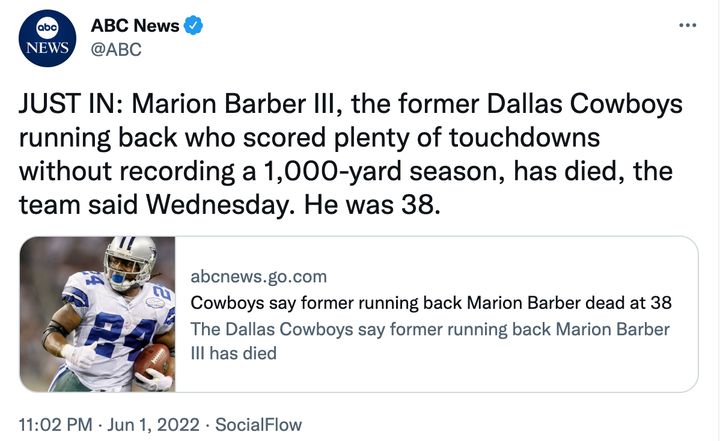 ABC News' tweet about Marion Barber III, which seems to have been deleted on Friday.