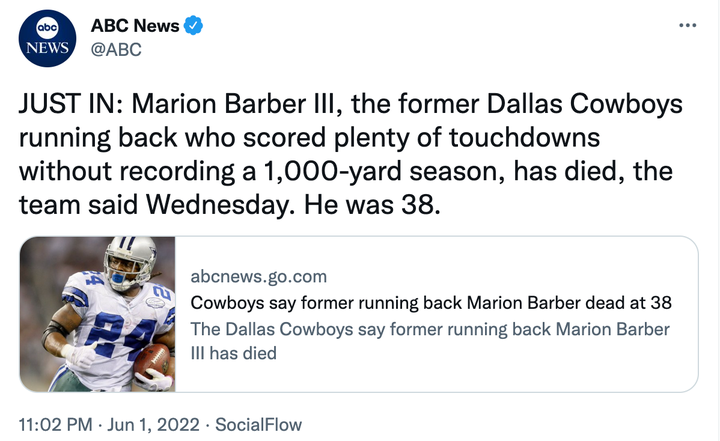 Former Dallas Cowboys running back Marion Barber found dead at residence