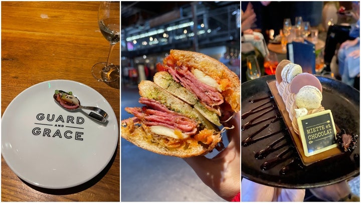 From left to right: An amuse-bouche at Guard and Grace, sandwich at Stanley Marketplace and dessert at Bezel.