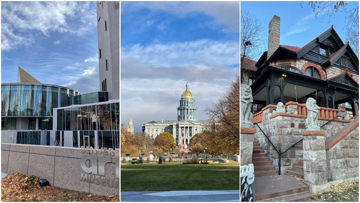 From left to right: the Denver Art Museum, Colorado State Capitol and Molly Brown House Museum.