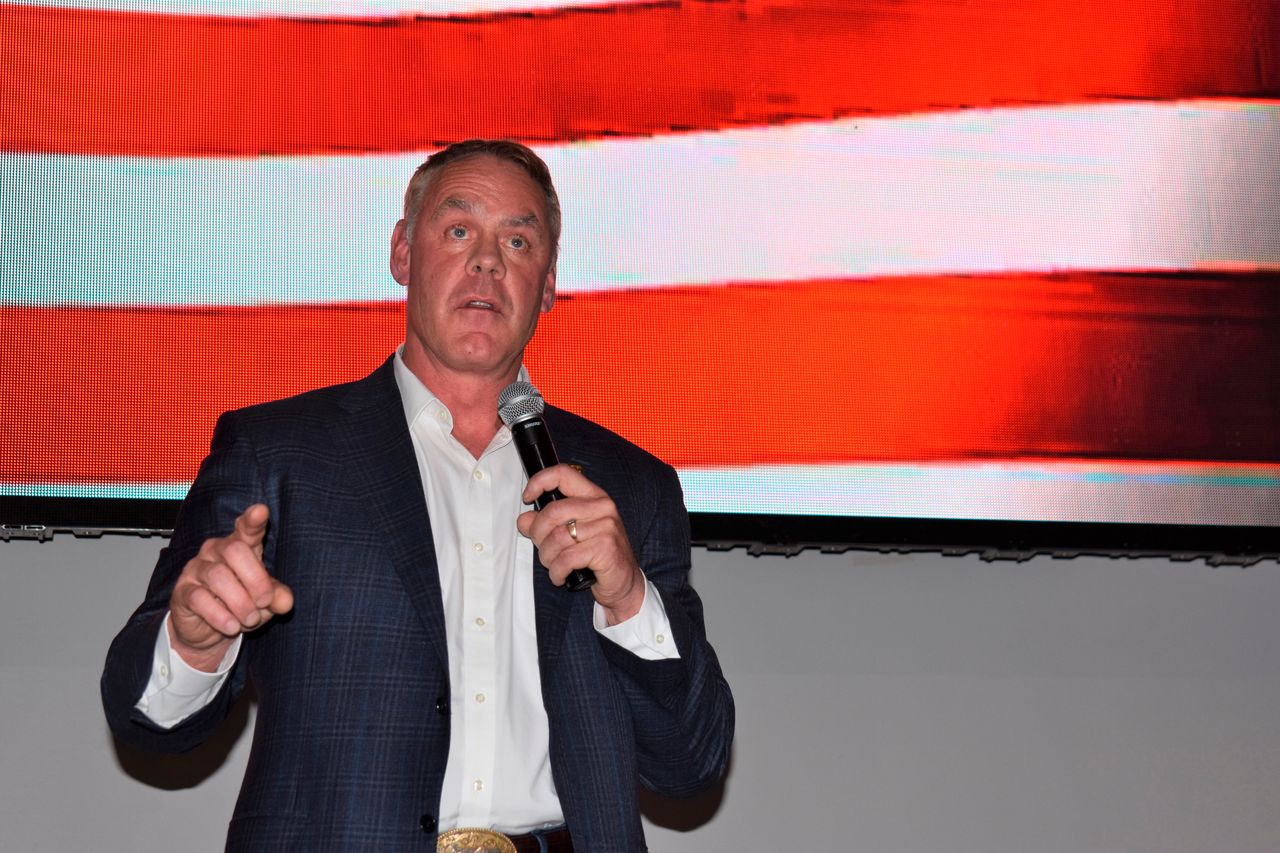 Montana U.S. House candidate and former Secretary of Interior Ryan Zinke speaks on May 13, 2022, in Butte, Montana.