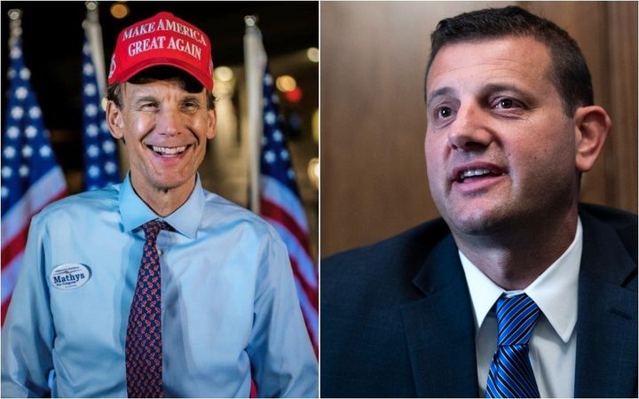Chris Mathys, left, has attacked Republican Rep. David Valadao for voting to impeach then-President Donald Trump.
