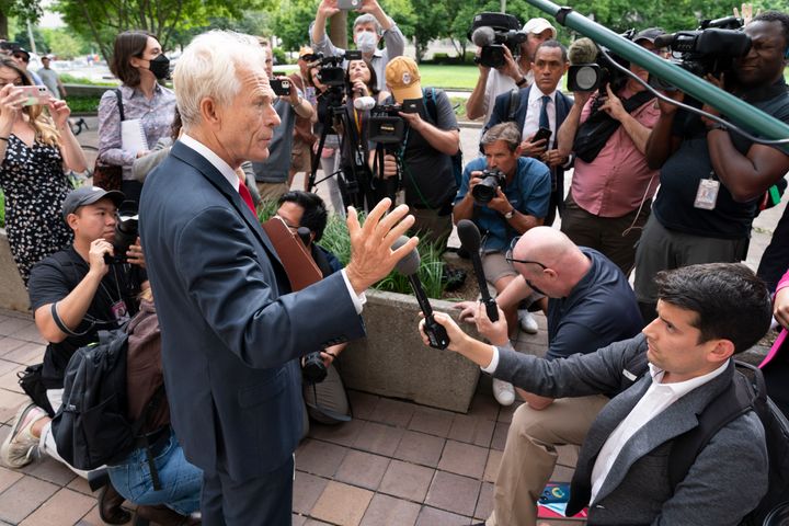 Former Trump White House official Peter Navarro speaks to reporters on Friday, June 3, 2022, outside of federal court in Washington. (AP Photo/Jacquelyn Martin)