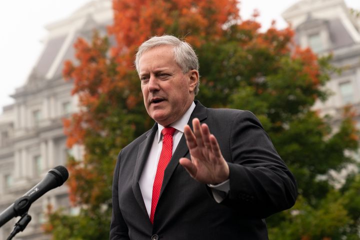 Then-White House Chief of Staff Mark Meadows speaks with reporters at the White House, Wednesday, Oct. 21, 2020, in Washington. (AP Photo/Alex Brandon, File)