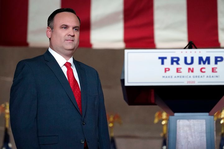 Then-White House Deputy Chief of Staff for Communications Dan Scavino walks on stage to tape his speech for the Republican National Convention from the Andrew W. Mellon Auditorium on Wednesday, Aug. 26, 2020. (AP Photo/Susan Walsh, File)