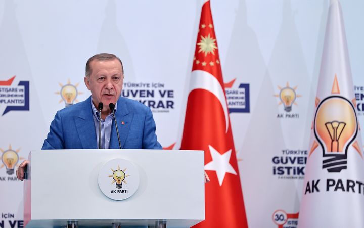ANKARA, TURKIYE - JUNE 05: Turkish President and leader of the Justice and Development (AK) Party Recep Tayyip Erdogan speaks during the 30th consultation and evaluation meeting of AK Party in Ankara, Turkiye on June 05, 2022. (Photo by Ali Balikci/Anadolu Agency via Getty Images)