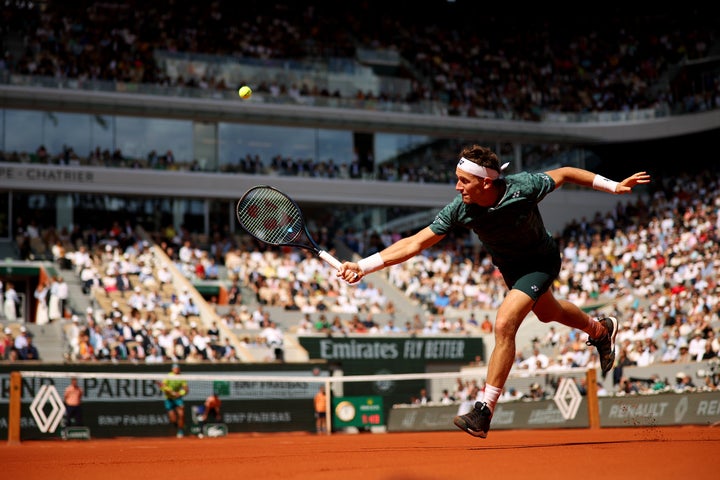 Ruud of Norway plays a backhand against Nadal during the Men's Singles Final match on Sunday.