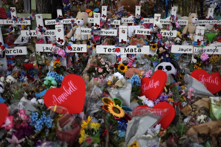 Wooden crosses are placed at a memorial dedicated to the victims of the mass shooting at Robb Elementary School in Uvalde, Texas. Nineteen students and two teachers were killed in the May 24 attack.