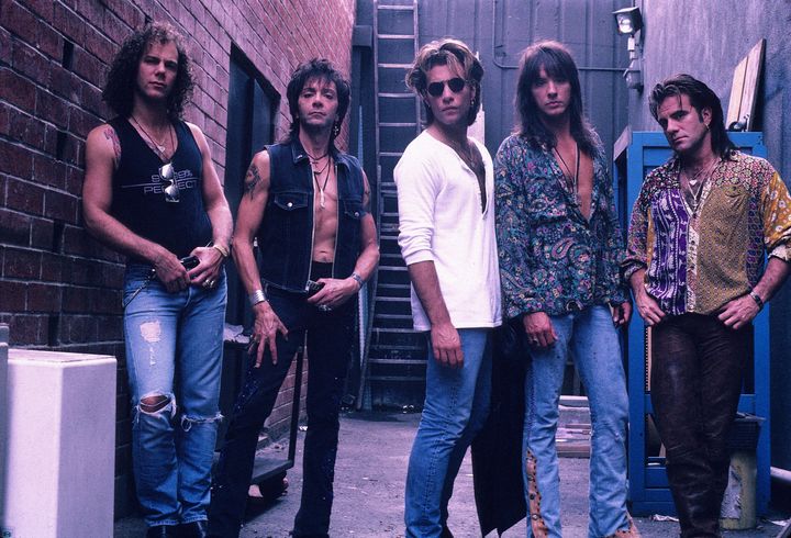 The rock group Bon Jovi (L-R. David Bryan, Alec John Such, Jon Bon Jovi, Richie Sambora and Tico Torres) in August 1992. (Photo by Mark Weiss/Getty Images)
