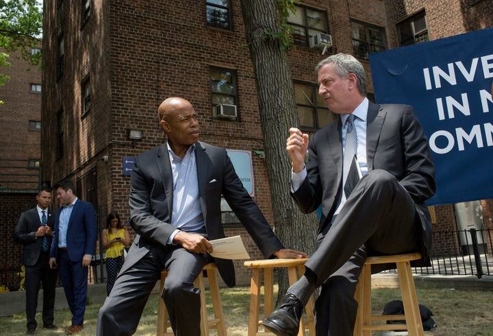 Former New York City Mayor Bill de Blasio, right, quietly helped elect Eric Adams as his successor. Politics watchers warn against underestimating de Blasio's political skills.