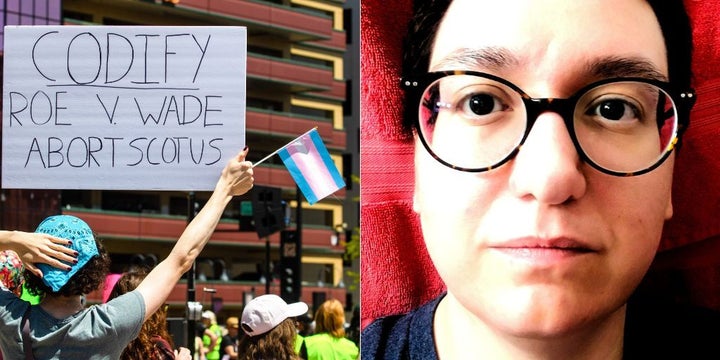 Left: A protester holds a sign and trans flag during a protest in Reno, Nevada, after the news emerged that a leaked draft opinion indicated the Supreme Court is poised to overturn Roe v. Wade. Right: Jack Meraxes.