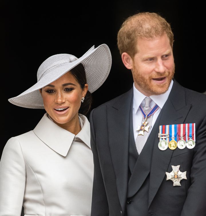 Meghan, Duchess of Sussex and Prince Harry, Duke of Sussex attend the National Service of Thanksgiving at St Paul's Cathedral on June 03, 2022 in London.