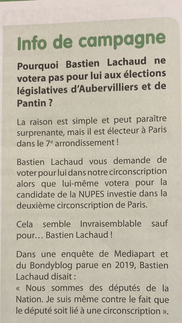 Extrait du tract diffusé par Nabila Djebbari, candidate dans la 6e circonscription de Seine-Saint-Denis.