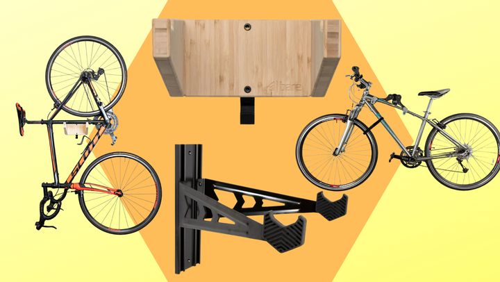 A bamboo wood bike mount at Etsy and the Feedback Sports vello wall rack from REI.