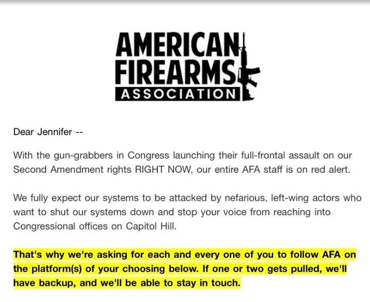 An email from the American Firearms Association warning supporters to prepare for "battle" at the U.S. Capitol amid negotiations on gun control legislation.