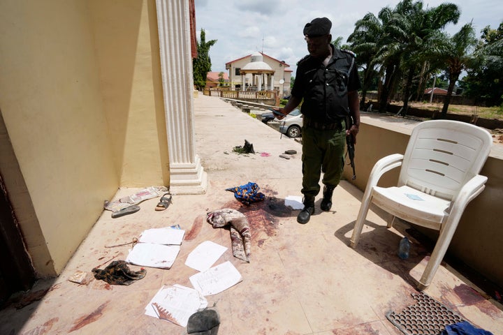 Police patrol outside St Francis Catholic Church in Ovo, Nigeria on Monday, June 6, 2022. Armed men who killed 50 people at a Catholic church in southwestern Nigeria shot worshipers inside and outside of the country. A coordinated attack on the building before fleeing the scene, authorities and witnesses said Monday. (Photo AP / Sunday Alamba)