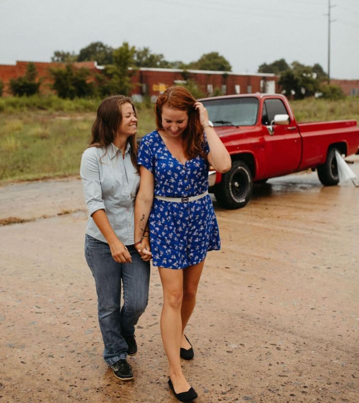 The author (right) and her girlfriend, Kelsey, walking together in Greenville, North Carolina.