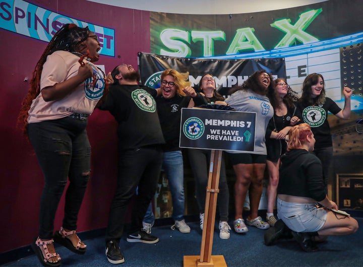 Members of the Memphis Seven, including Nabretta Hardin, Beto Sanchez, Florentino Escobar, Lakota McGlawn, Nikki Taylor, Emma Worrell, Reaghan Hall and Kylie Throckmorton celebrate the successful vote to unionize their local Starbucks location.