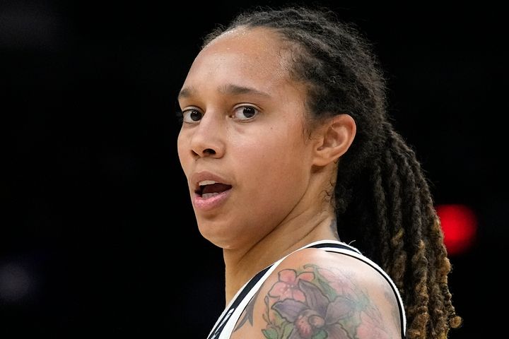 Phoenix Mercury center Brittney Griner during the first half of Game 2 of basketball's WNBA Finals against the Chicago Sky, on Oct. 13, 2021, in Phoenix.