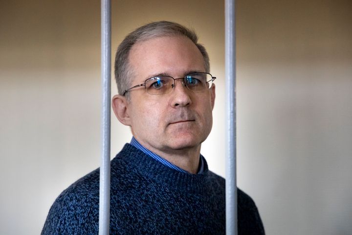 In this Aug. 23, 2019, file photo, Paul Whelan, a former U.S. marine who was arrested for alleged spying in Moscow on Dec. 28, 2018, stands in a cage as he waits for a hearing in a court room in Moscow.