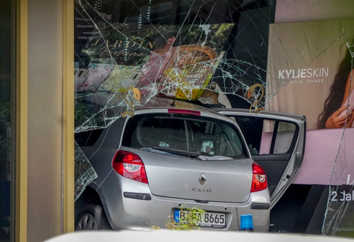 A car has crashed into a store after crashing into a crowd of people in central Berlin, Germany, on June 8, 2022.