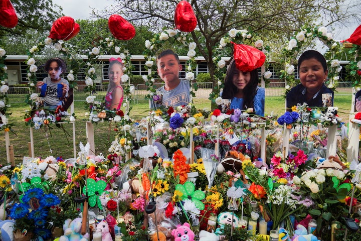 Flowers, toys, and other objects to remember the victims of the deadliest U.S. school mass shooting in nearly a decade, resulting in the death of 19 children and two teachers, are pictured at the Robb Elementary School in Uvalde, Texas.